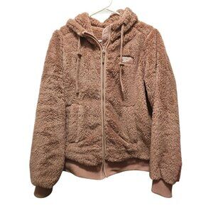 Reebok Womens Sherpa-Lined Brown Hooded Zip-Up Jacket S